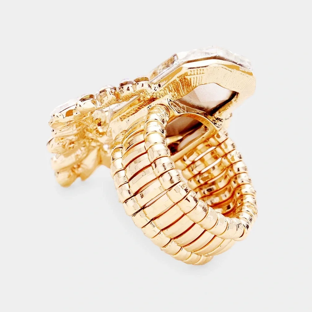Gold vitrail large shiny crystal stone accented stretch ring